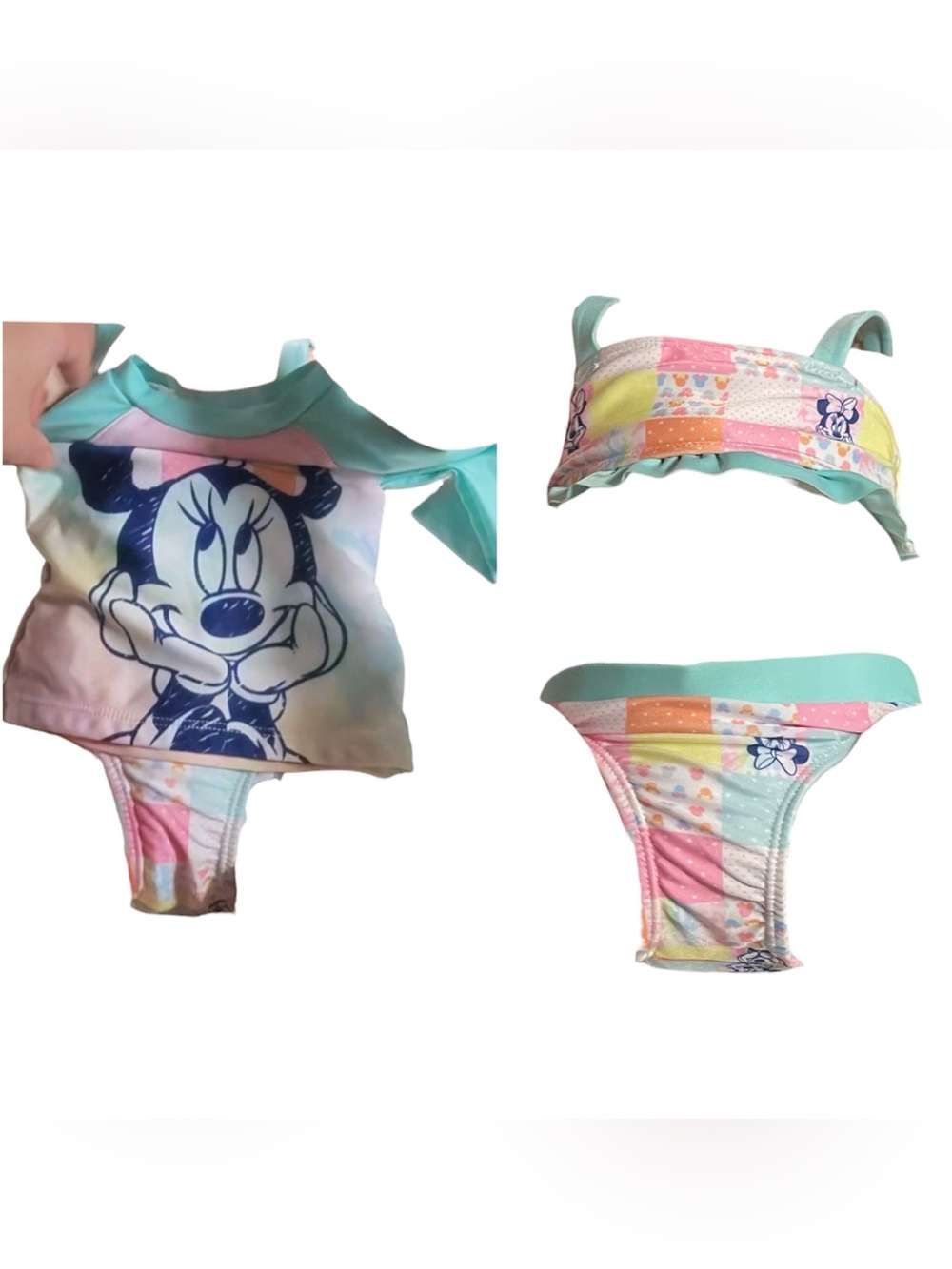 Disney Minnie Mouse 3pc Aqua Rash Guard and Swimsuit Baby Girl Size 12 Months